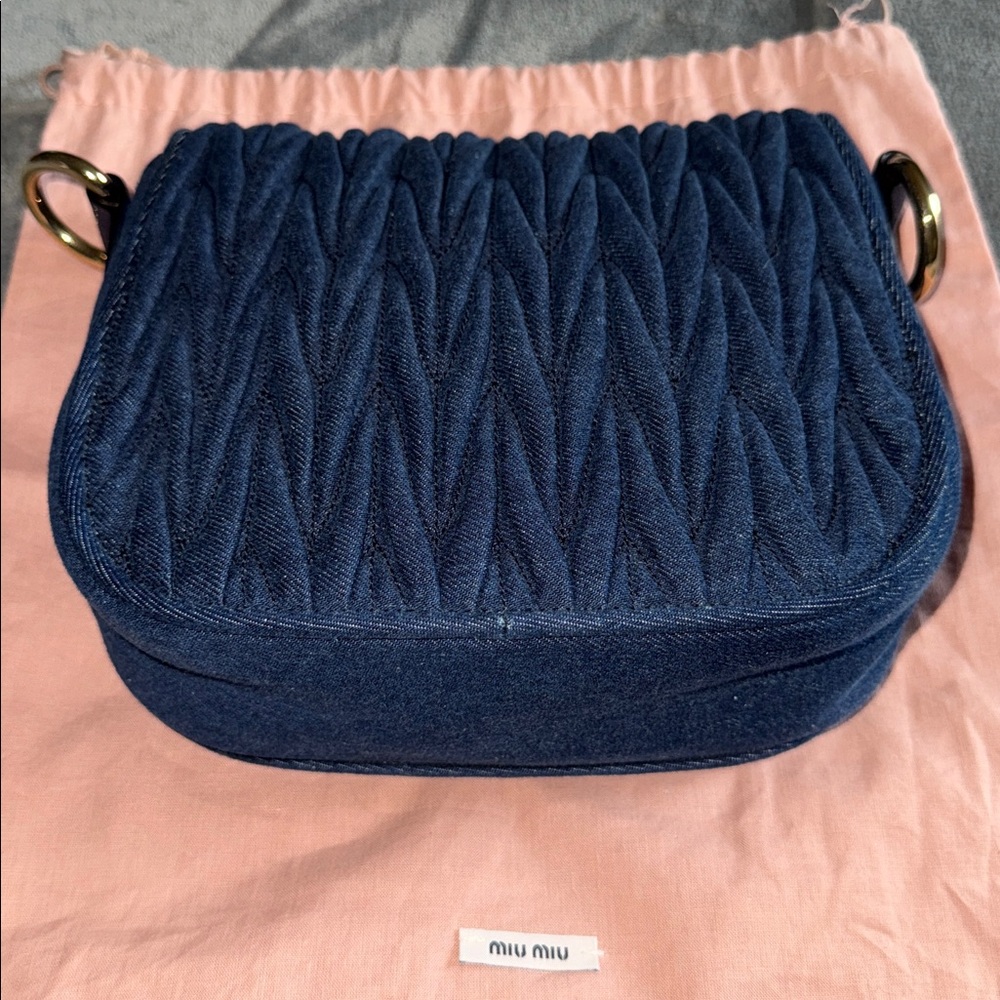 Miu Miu logo Maltalese Denim Blue Quilted Crossbody Bag gold hardware dust bag - Picture 13 of 15